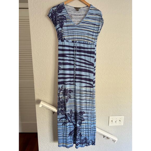 Tommy Bahama Blue Yellow 100% Rayon Maxi Dress Tropical Cap Sleeve V Neck - Picture 1 of 6